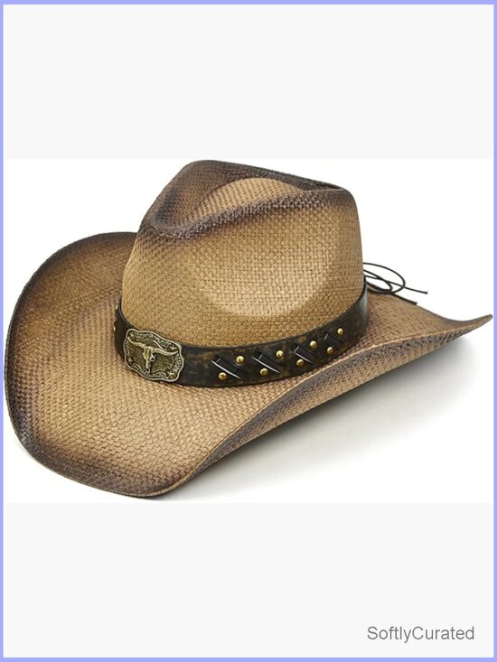Straw Cowboy Hat with Studded Leather Band - Shapeable Wide Brim for Country